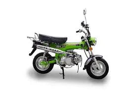 Green mini dirt bike motorcycle with chrome exhaust, side view, white background