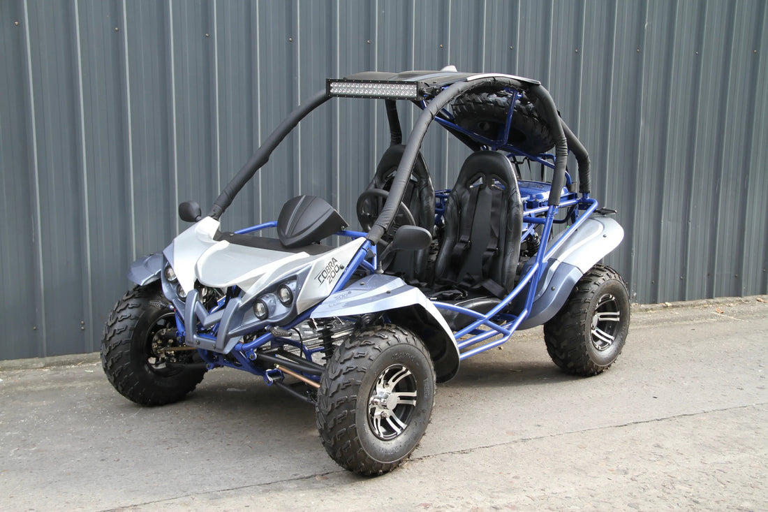 Two-seat off-road go-kart with rugged tires and roll cage parked outdoors