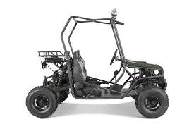 Side view of a rugged off-road go-kart with roll cage and utility rack on white background.
