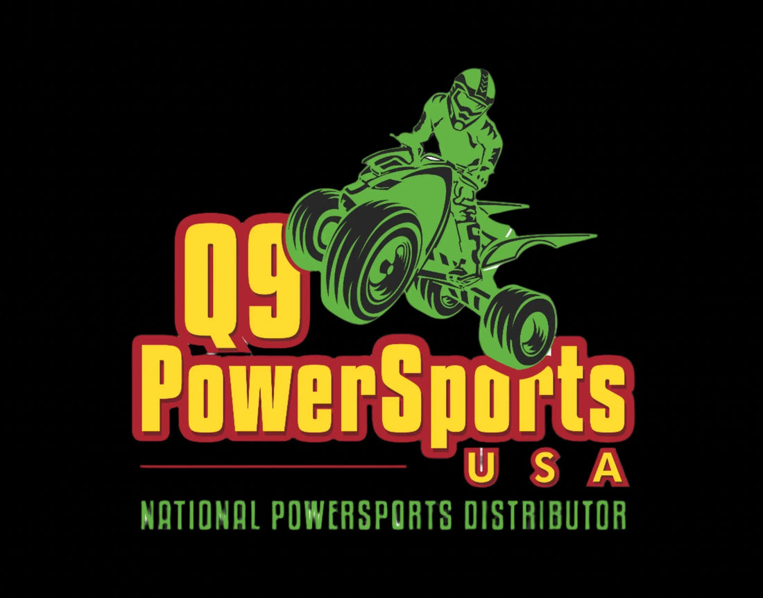 Logo featuring ATV rider in green above bold yellow and red powersports distributor text