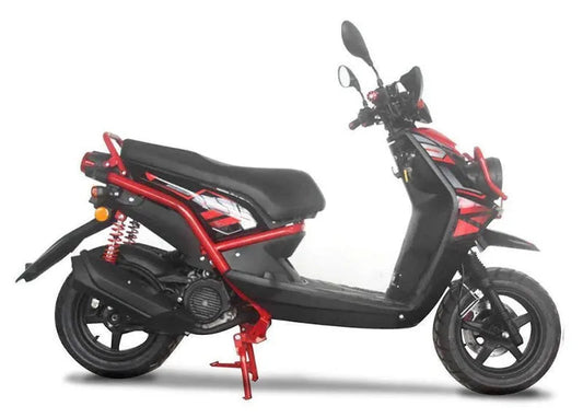 Red and black gas scooter with large headlight and rear suspension on white background