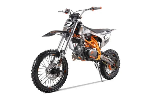 Youth dirt bike with black and orange frame, off-road tires, and number 3 plate, Q9 PowerSports USA