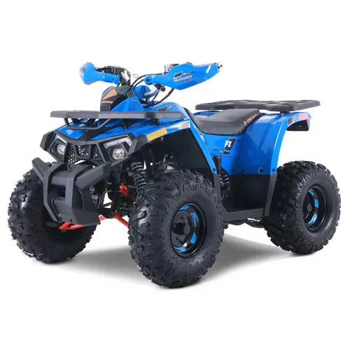 Blue youth ATV with rugged tires and front brush guard, suitable for off-road riding