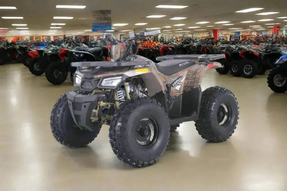 Camo youth ATV 120cc with rugged tires on showroom floor, all-terrain vehicle display