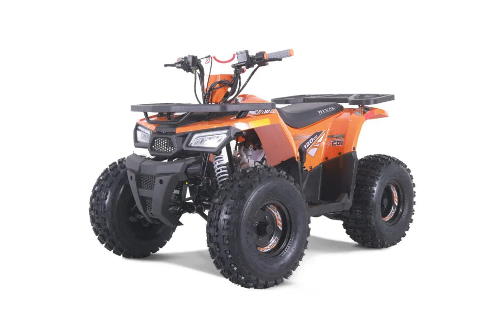 Orange youth ATV with rugged tires, front headlights, and sturdy frame on white background