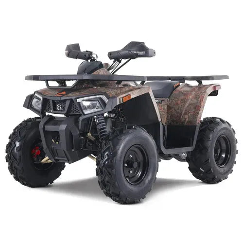 Youth camouflage ATV with rugged tires and front rack, designed for off-road adventures