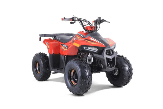 Red youth ATV with rugged tires and sport styling, shown on a white background.