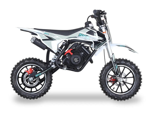 SYX Moto Pro Mini dirt bike with knobby tires and black-and-white graphics on a white background