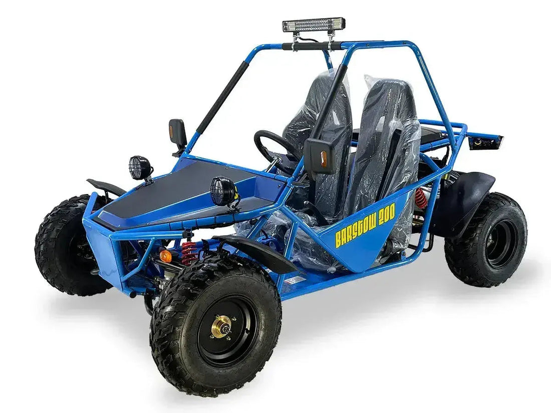 Blue Bansdow 200 go-kart with two seats, off-road tires, and roll cage on white background