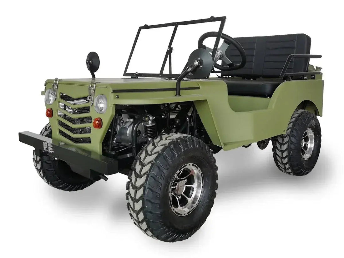 Matte green mini Jeep-style go-kart with large off-road tires and open seating