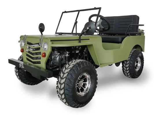 Matte green mini Jeep-style go-kart with large off-road tires and open seating