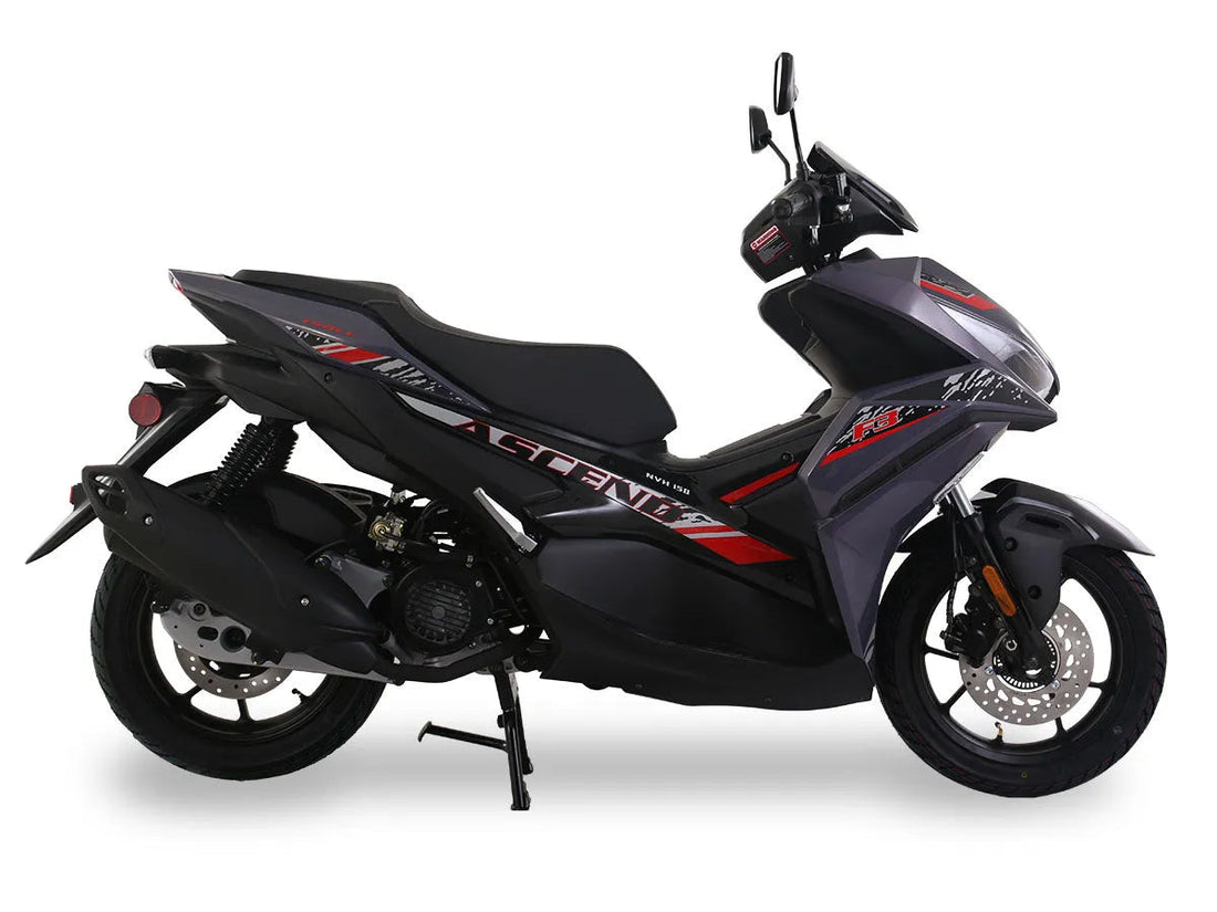 Black and red street scooter with disc brakes and sporty body design on white background