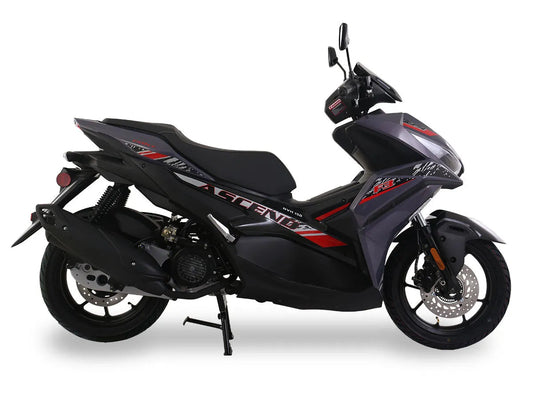 Black and red street scooter with disc brakes and sporty body design on white background