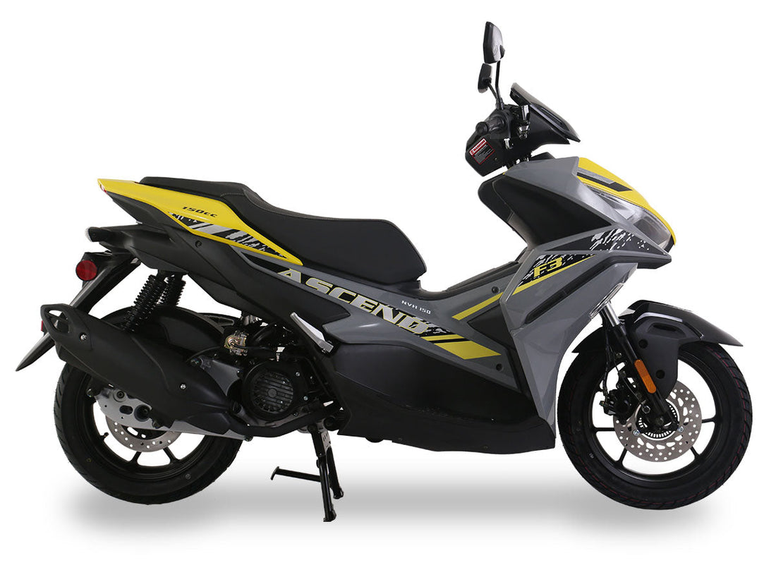 Yellow and grey 150cc scooter with sporty design and black wheels on white background
