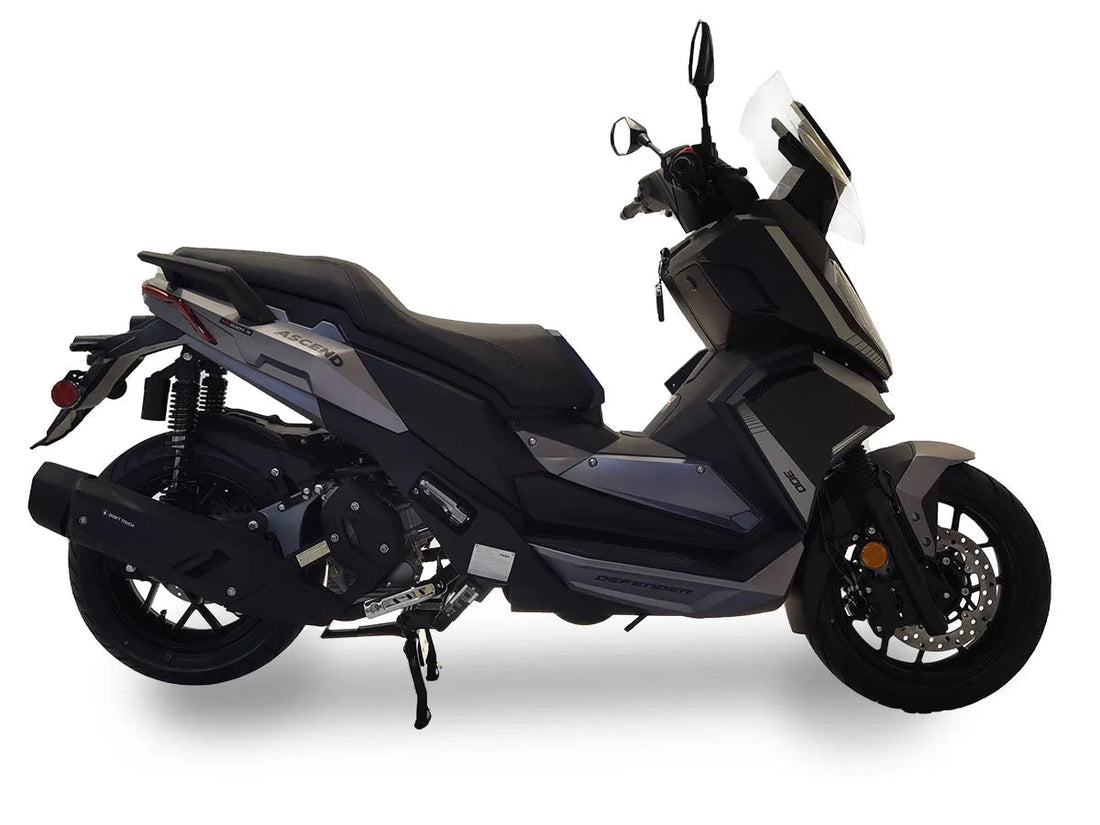 Black and gray 300cc scooter with windshield and rearview mirrors, side view on white background