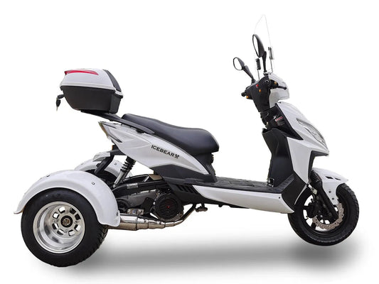 White three wheel scooter with rear storage box, windscreen, and modern exterior design