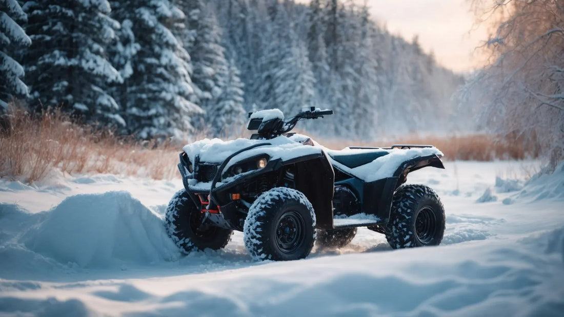Black ATV covered in snow parked on snowy trail surrounded by snow-covered trees at sunset