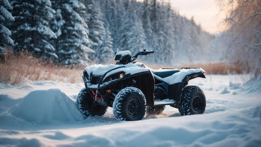 Black ATV covered in snow parked on snowy trail surrounded by snow-covered trees at sunset
