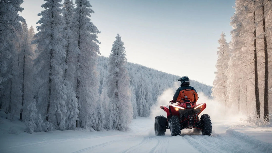 ATV rider on snowy trail in winter forest with frosted trees, outdoor adventure