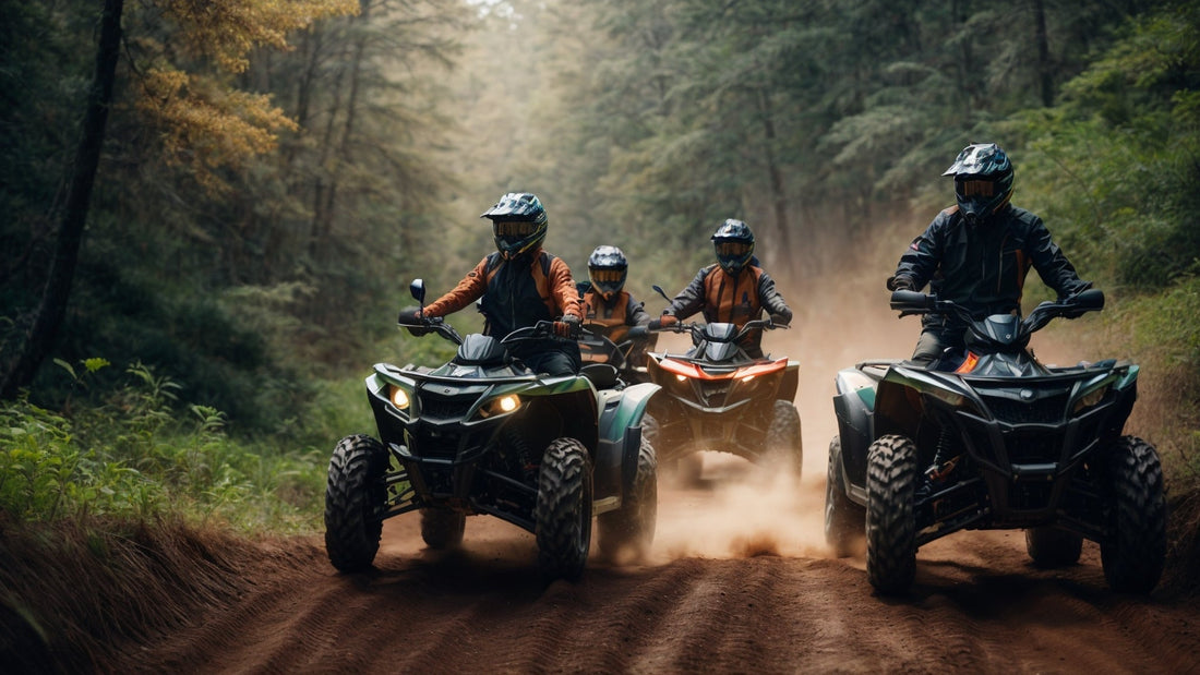 Group riding ATVs on a dirt trail through a forest, wearing helmets and safety gear.