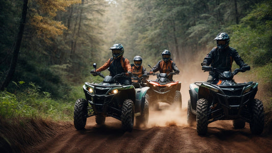 Group riding ATVs on a dirt trail through a forest, wearing helmets and safety gear.