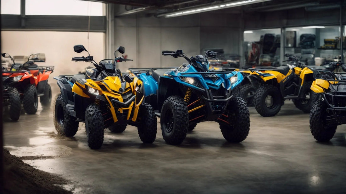 Colorful ATVs displayed indoors at a dealership, featuring rugged tires and modern designs