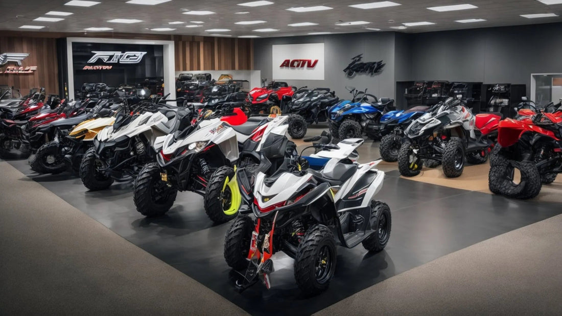 Showroom with multiple ATVs in various colors, including sport and utility quad bikes.