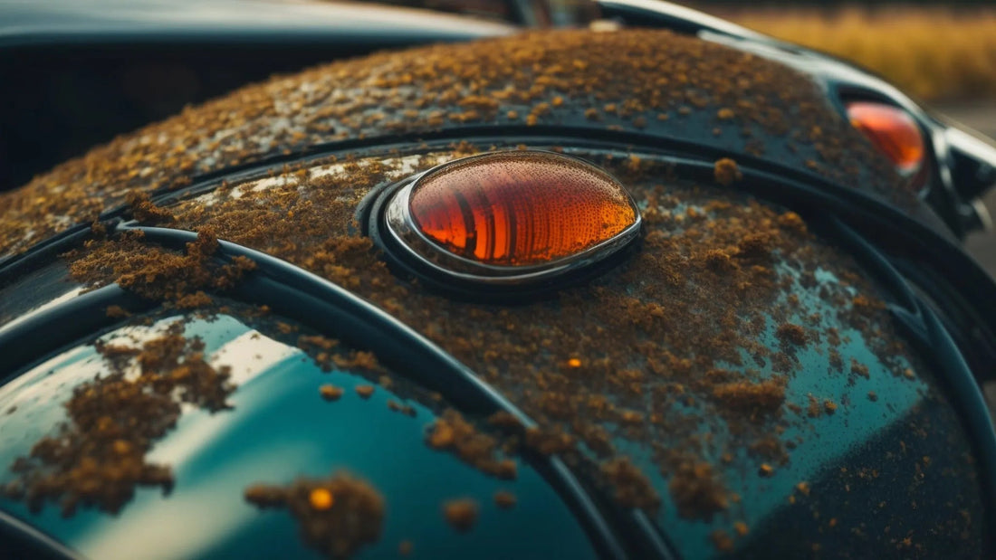 Close-up of motorcycle tail light and rear fender covered in bug splatter and dirt