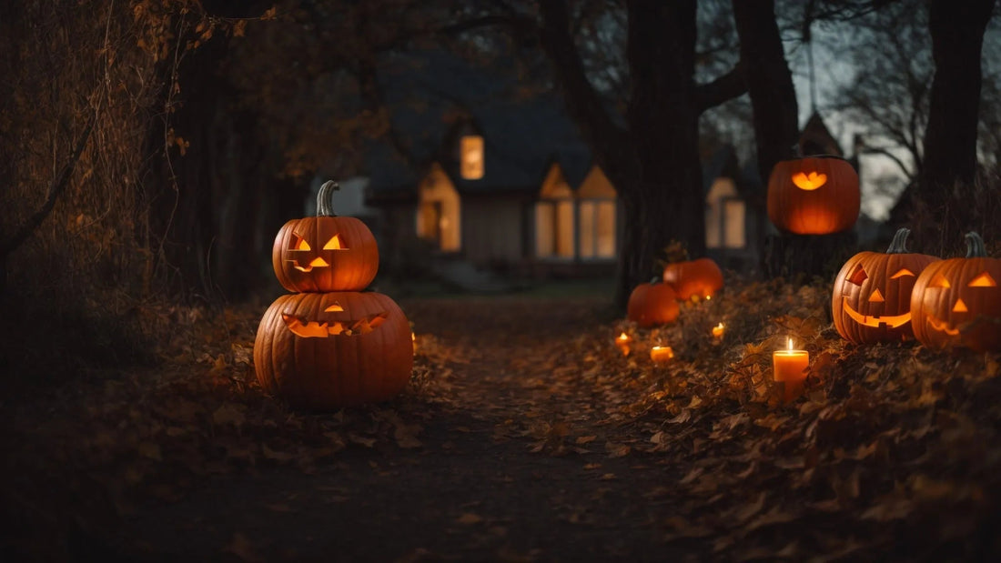 Carved Halloween pumpkins with glowing faces and candles on a leaf-covered path at dusk