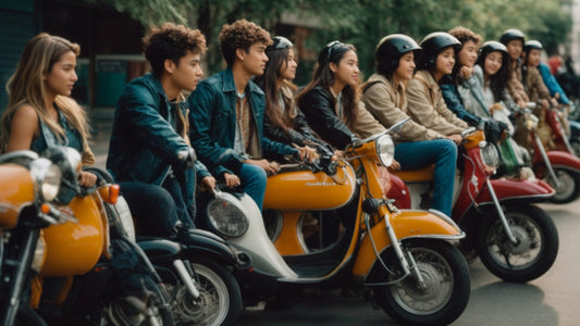 Group of college students riding colorful scooters and mopeds outdoors on a city street