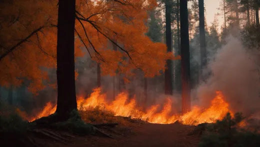 Forest fire with flames and smoke among tall trees, wilderness safety at Q9 PowerSports USA