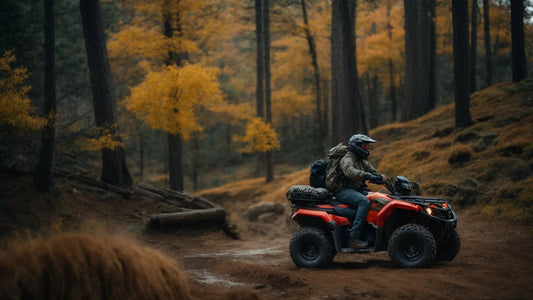 Person riding red ATV off-road in autumn forest with helmet and backpack