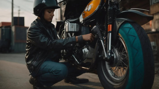 Person in helmet and leather jacket inspecting motorcycle tire outdoors