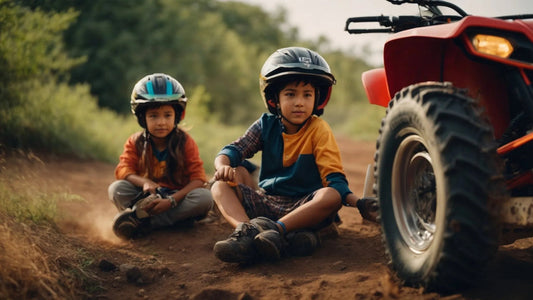 Kids wearing helmets sitting by a red ATV on a dirt trail outdoors