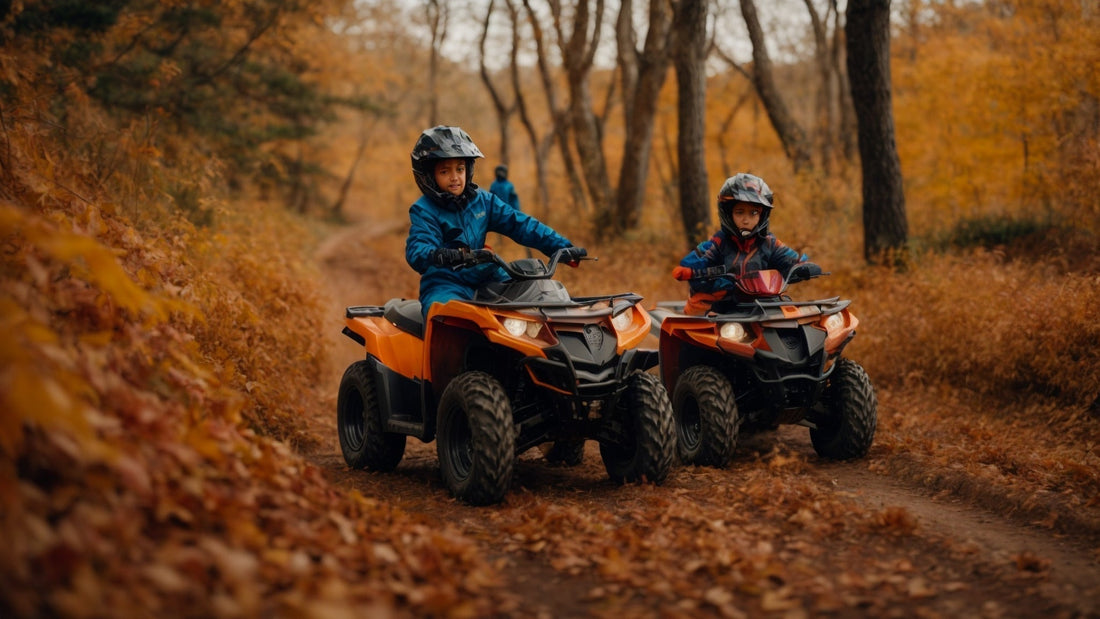 Kids riding orange ATVs on a dirt trail in autumn forest, wearing helmets and jackets.