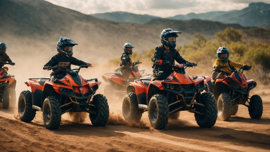 Kids riding red ATVs off-road in helmets, kicking up dust on a dirt trail outdoors