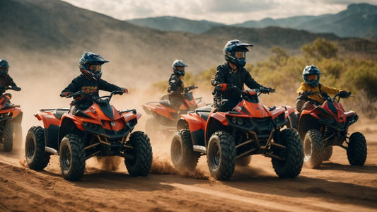 Kids riding red ATVs off-road in helmets, kicking up dust on a dirt trail outdoors