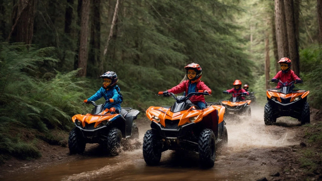 Kids riding orange ATVs on a forest trail, wearing helmets and safety gear, in action
