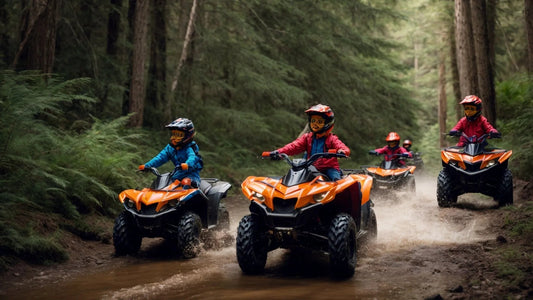 Kids riding orange ATVs on a forest trail, wearing helmets and safety gear, in action