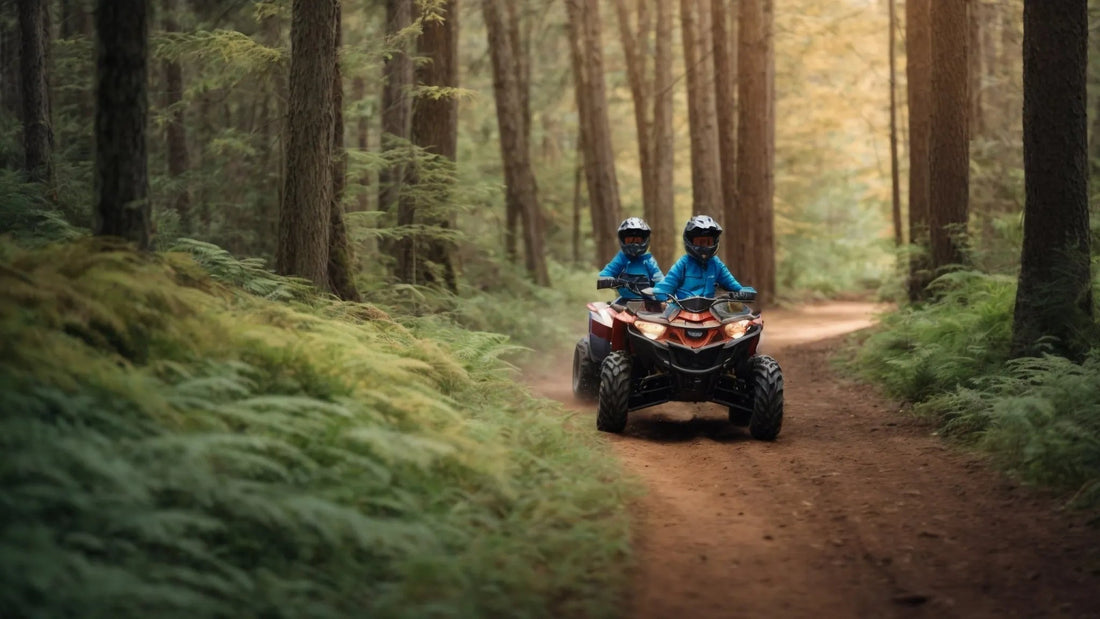 Kids riding ATV on wooded dirt trail, wearing helmets and blue jackets, outdoor adventure
