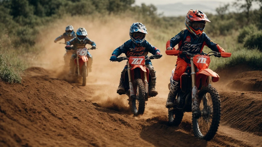 Kids riding red off-road dirt bikes on a dirt trail, wearing blue and red riding gear