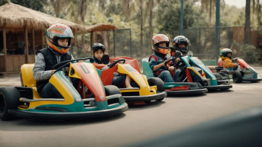 Kids riding colorful go-karts outdoors, wearing helmets, enjoying recreational go-karting.