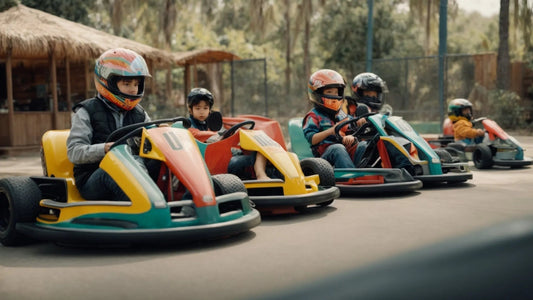 Kids riding colorful go-karts outdoors, wearing helmets, enjoying recreational go-karting.