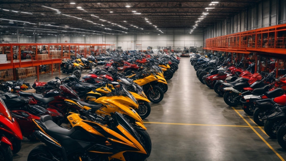 Large warehouse filled with rows of sport motorcycles, ATVs, and powersports vehicles