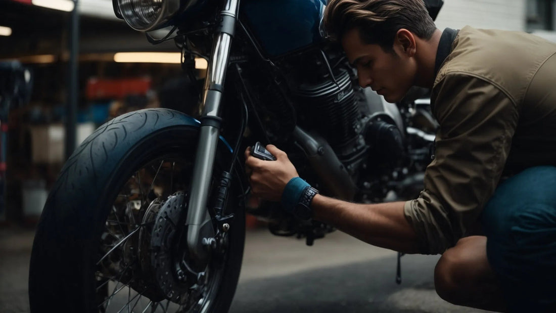 Mechanic checking tire pressure on motorcycle in workshop setting