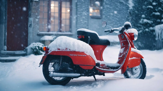 Red moped covered in snow parked outside a house with lit windows in a snowy winter setting