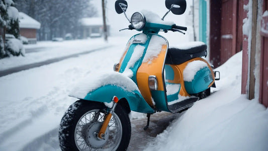 Colorful motor scooter covered in snow parked outdoors in a wintery urban setting