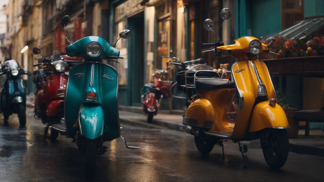 Classic blue and yellow motor scooters parked on a wet city street, urban background