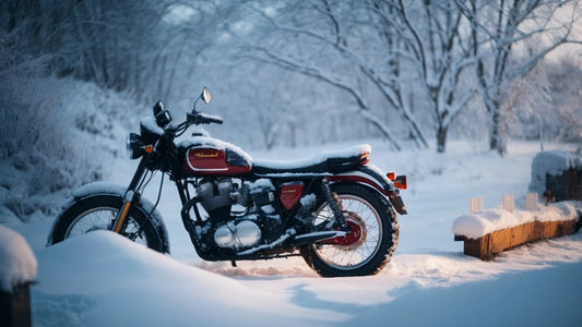 Red motorcycle parked outdoors covered in snow during winter near snow-covered trees.
