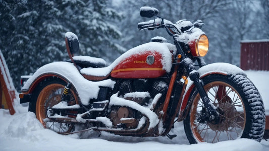 Classic red motorcycle parked outdoors, covered in snow, winter forest background